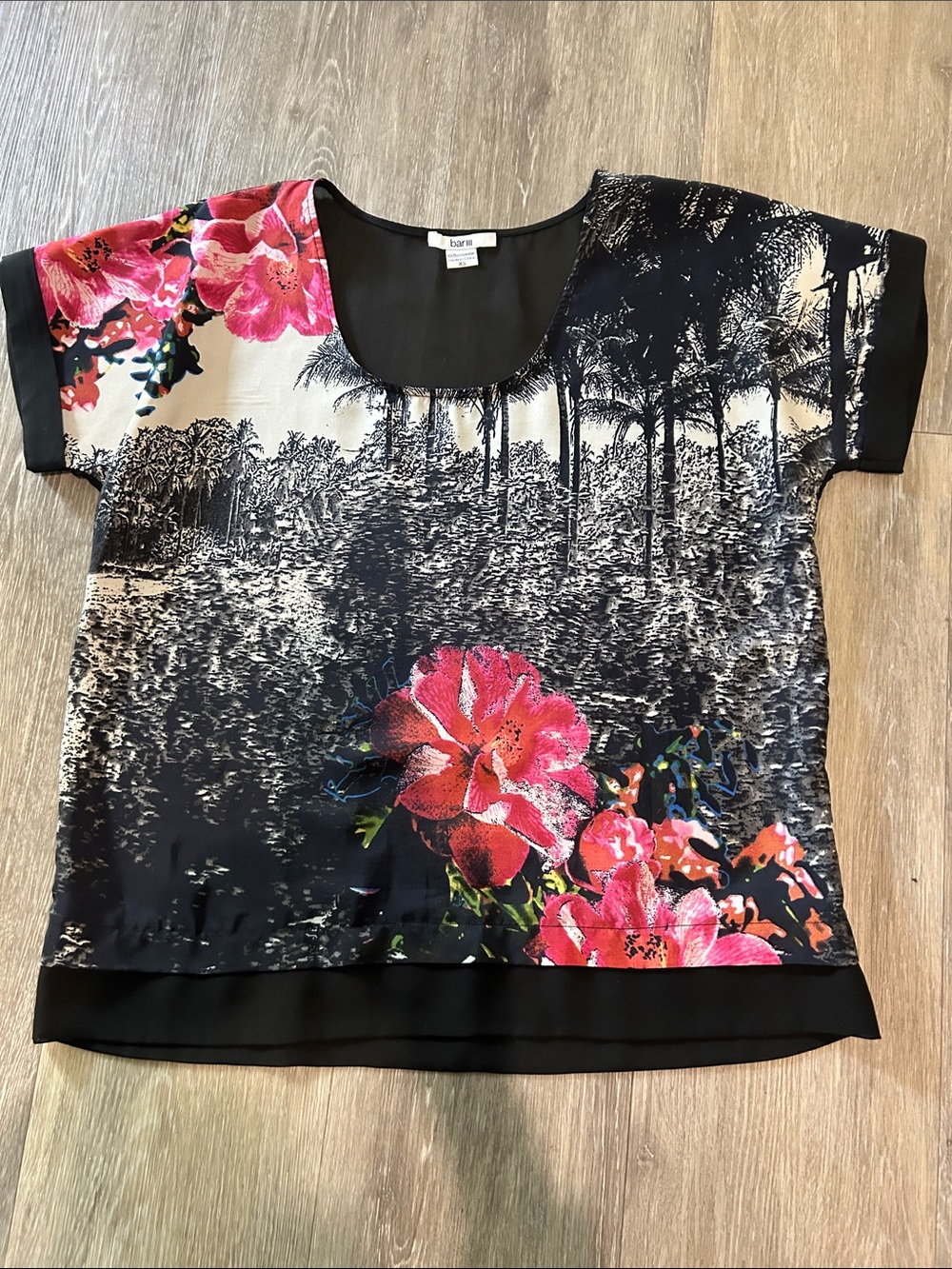 barlll Black Tee with Pink Floral Print and Scenic Palm Design runs big